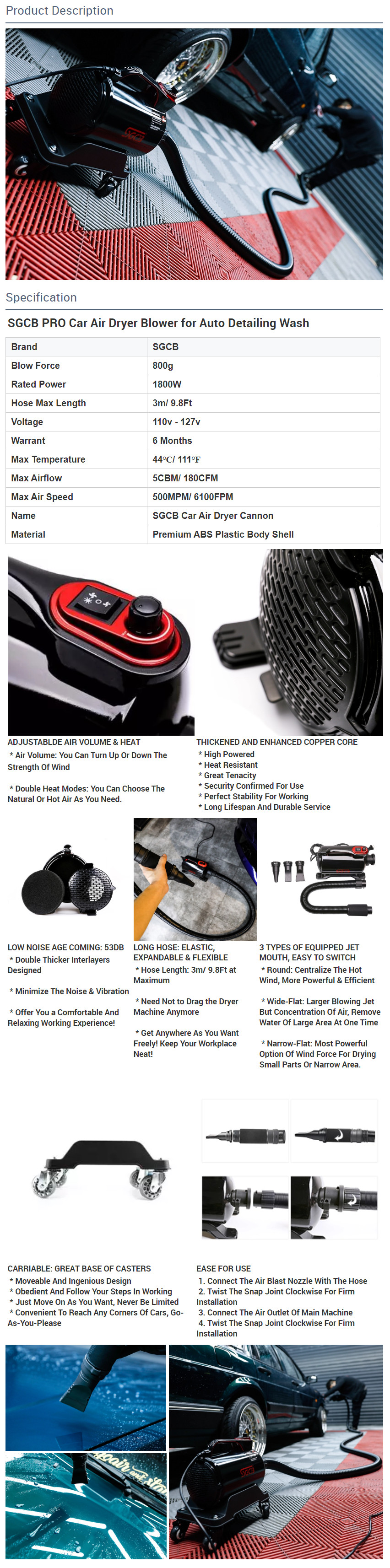 5.0 HP Powered Double Mode Temp High Velocity Car Air Forceful Blower w//Caster Base /& 10 Ft Flexible Hose /& 3 Air Jet Nozzles for Car Wash Water Drying SGCB PRO Car Dryer Air Cannon Blower