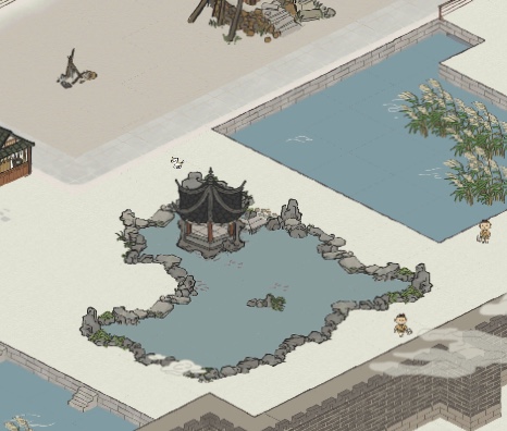 主题江南百景图人工湖随便拼一下就没有钱了还奇丑无比亭子也不好放这