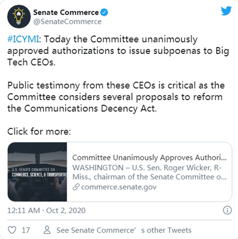 Facebook,Google,Twitter ceo 被传唤到参议院就230条款作证