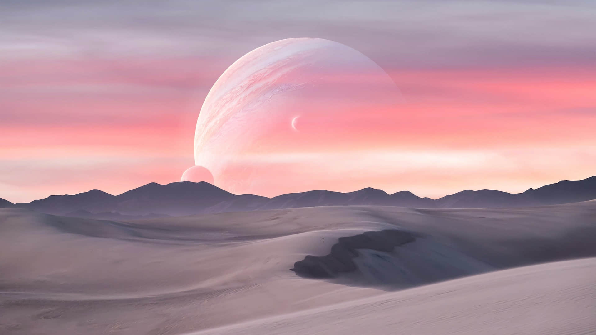 广袤的沙漠粉色的天空超级星球月亮高清唯美风景电脑壁纸4k 新桌布网
