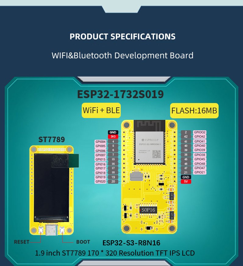 2Pcs ESP32-S3 with 1.9 Inch Display LVGL Development Board WIFI&Bluetooth  170X320 Smart Display Screen TFT Module 