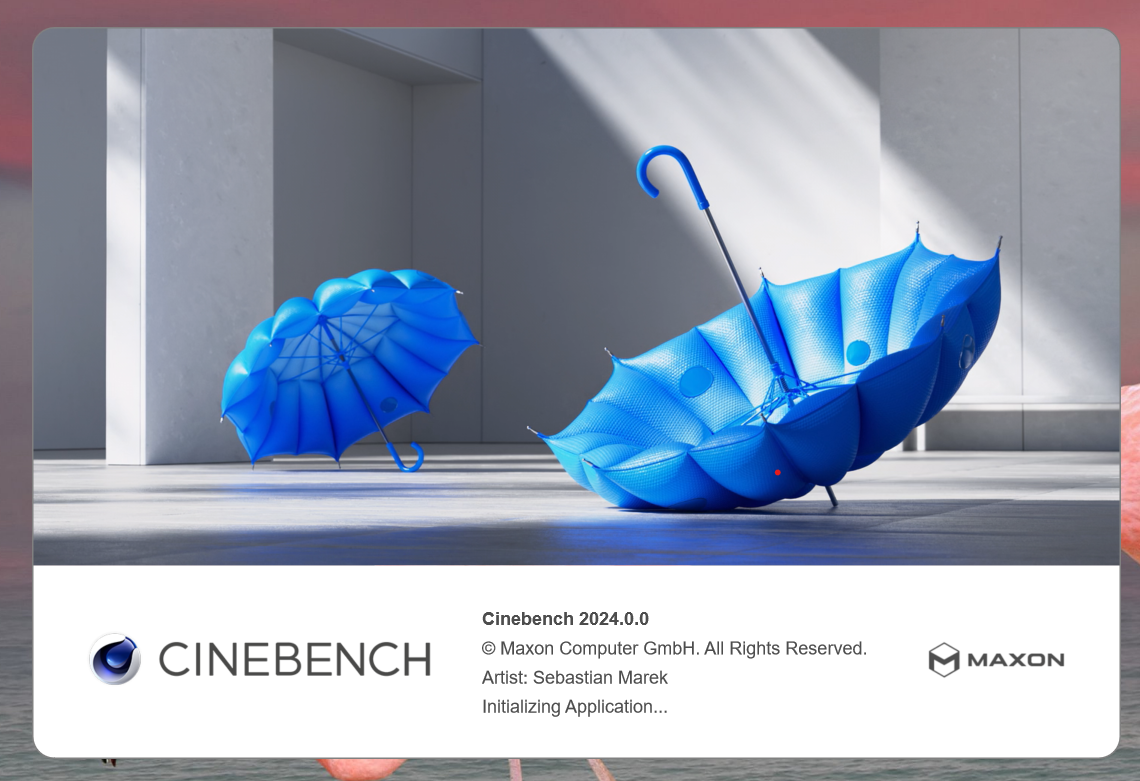 Cinebench 2024 最新发布版本的欢迎界面，其中雨伞是有动画效果的